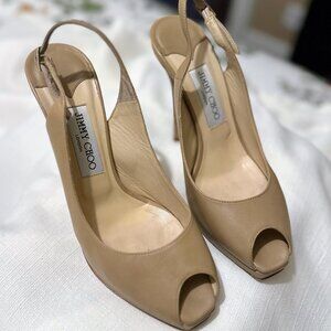 Jimmy Choo Tan Peep-Toe Slingback Heels